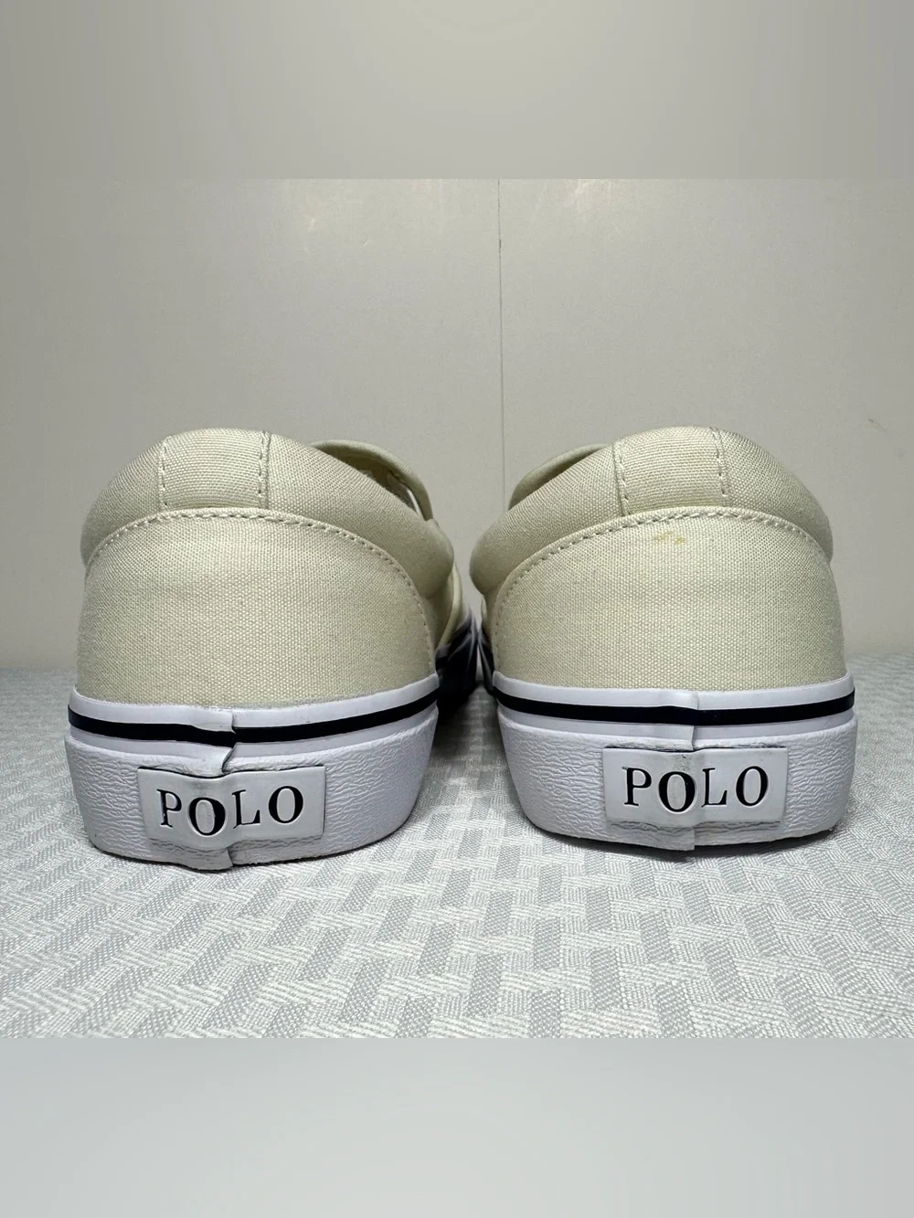Polo Ralph Lauren Keaton Slip-On Bear Men's 10 Canvas Cream Sneaker Shoes EXC!